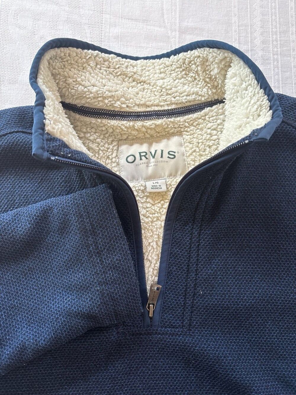 Orvis Sherpa Lined Quarter Zip Pullover Mens Large Navy Fleece Lined Sweater